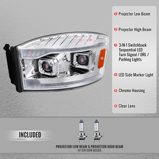 Spec D Projector Headlights Switchback Amber LED Strips: Dodge Ram 1500 2006-2008 / Ram 2500 3500 2006-2009 - Chrome/Clear