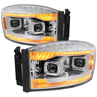Spec D Projector Headlights Switchback Amber LED Strips: Dodge Ram 1500 2006-2008 / Ram 2500 3500 2006-2009 - Chrome/Clear