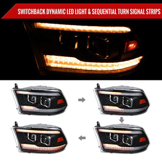 Spec D Projector Headlights w/ Amber LED Seq Turn Signal (Matte Black/Clear): Fits Dodge Ram 1500/2500/3500/1500 Classic 2009-2024