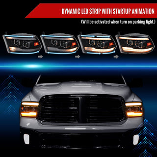 Spec D Projector Headlights w/ Amber LED Seq Turn Signal (Matte Black/Clear): Fits Dodge Ram 1500/2500/3500/1500 Classic 2009-2024