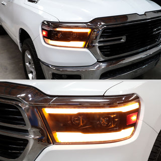Spec D Projector Headlights Amber LED Sequential: Ram 1500 2019-2024 w/ Matte Black Housing