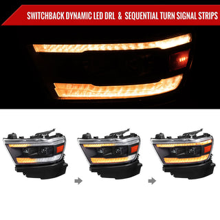 Spec D Projector Headlights Amber LED Sequential: Ram 1500 2019-2024 w/ Matte Black Housing