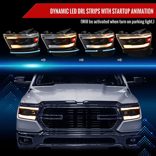 Spec D Projector Headlights Amber LED Sequential: Ram 1500 2019-2024 w/ Matte Black Housing