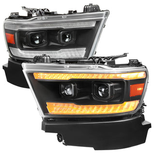 Spec D Projector Headlights Amber LED Sequential: Ram 1500 2019-2024 w/ Matte Black Housing