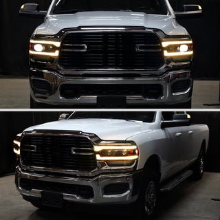 Spec D Projector Headlights w/ Amber LED Seq Turn Signal & Startup Animation: Fits Ram 2019-2024 Tradesman/Big Horn Halogen