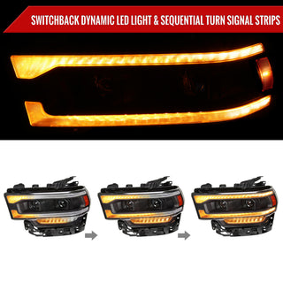 Spec D Projector Headlights w/ Amber LED Seq Turn Signal & Startup Animation: Fits Ram 2019-2024 Tradesman/Big Horn Halogen