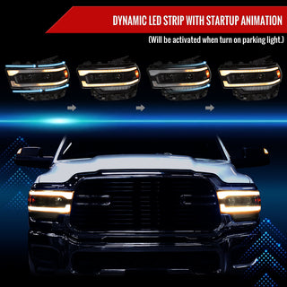Spec D Projector Headlights w/ Amber LED Seq Turn Signal & Startup Animation: Fits Ram 2019-2024 Tradesman/Big Horn Halogen