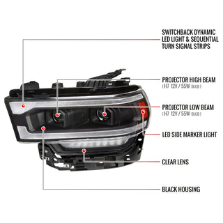 Spec D Projector Headlights w/ Amber LED Seq Turn Signal & Startup Animation: Fits Ram 2019-2024 Tradesman/Big Horn Halogen