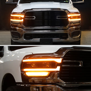 Spec D Projector Headlights w/ Amber LED Seq Turn Signal & Startup Animation: Fits Ram 2019-2024 Tradesman/Big Horn Halogen