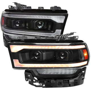 Spec D Projector Headlights w/ Amber LED Seq Turn Signal & Startup Animation: Fits Ram 2019-2024 Tradesman/Big Horn Halogen