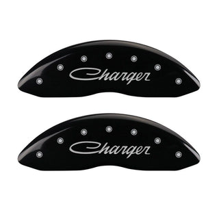 MGP 4 Caliper Covers Engraved Front & Rear Cursive/Charger Black finish silver ch