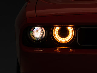 Raxiom Halo Projector Headlights w/ Sequential Turn Signals (FRONT): Dodge Challenger 2008-2014 - Black Housing/Clear Lens