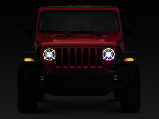 Raxiom LED Headlights DRL Halo Black Housing: Jeep Wrangler JL 2018-2025 / Gladiator 2020-2025 6.4L 392 / 3.6L V6 / 3.0L EcoDiesel / 2.0L Turbo