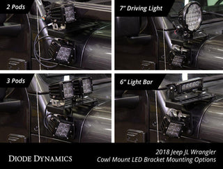Diode Dynamics Cowl Mount LED Bracket Kit: Fits Most Jeep Wrangler / Gladiator Models (2007-2026)