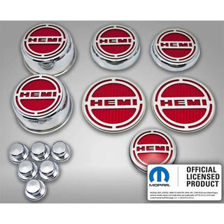 American Car Craft "HEMI" Deluxe Fluid & Shock Tower Cap Covers (13PC): Dodge Challenger V8 2008 - 2023