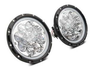 Raxiom Axial Spider LED Headlight Amber DRL Chrome Hsng: Jeep Wrangler 1997-2018 4.0L I6 / 3.8L V6 / 3.6L V6 - Clear Lens