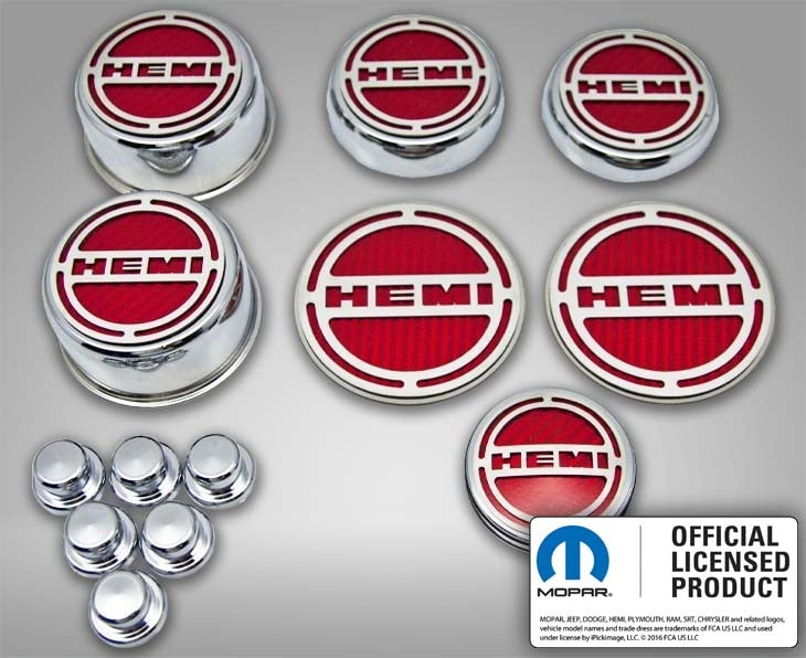 American Car Craft "HEMI" Deluxe Fluid & Shock Tower Cap Covers (13PC): Dodge Challenger V8 2008 - 2023
