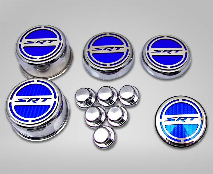 American Car Craft "SRT" Fluid & Shock Tower Cap Covers (11PC): Dodge Challenger V8 2008 - 2023