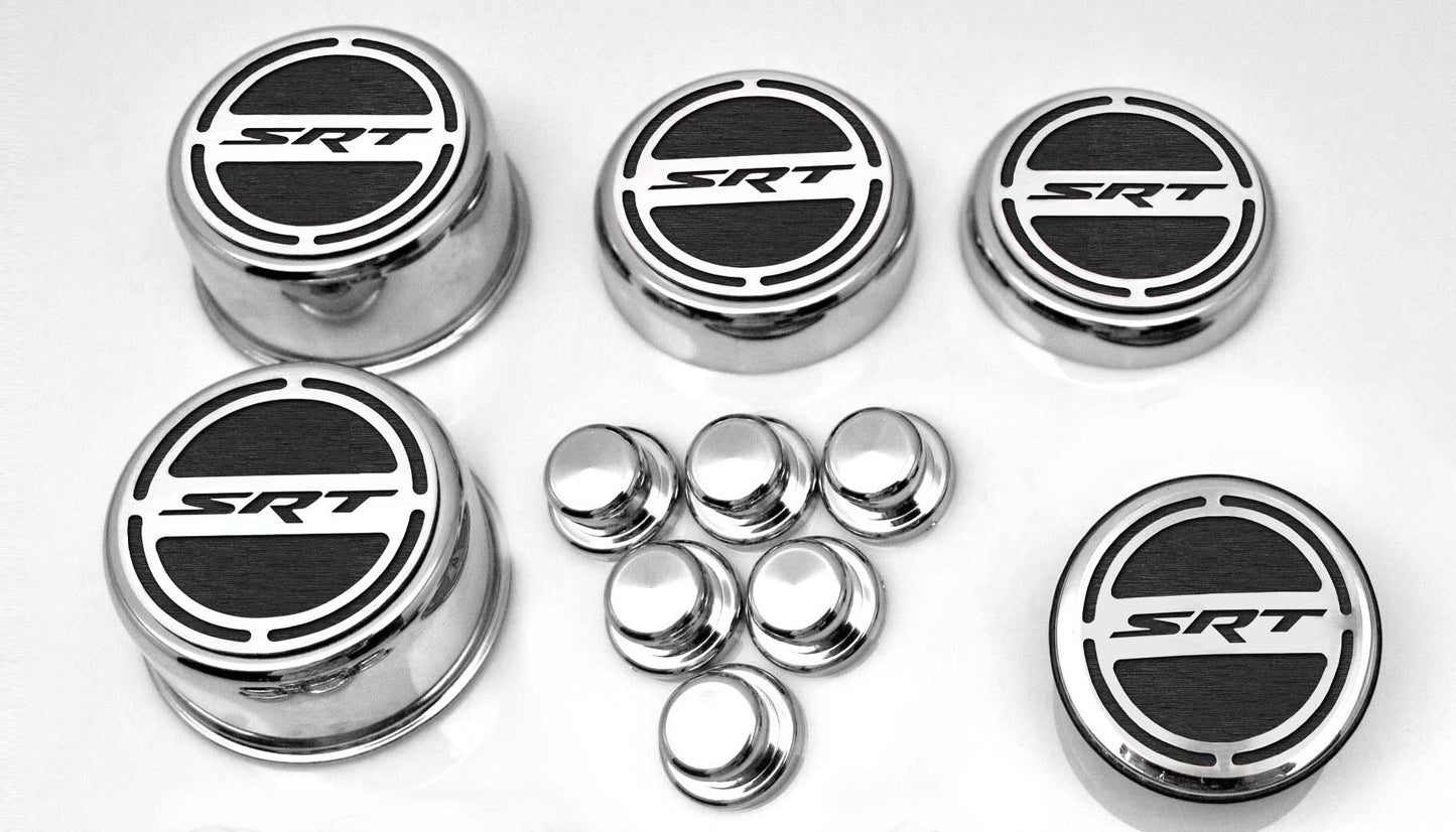 American Car Craft "SRT" Fluid & Shock Tower Cap Covers (11PC): Dodge Challenger V8 2008 - 2023