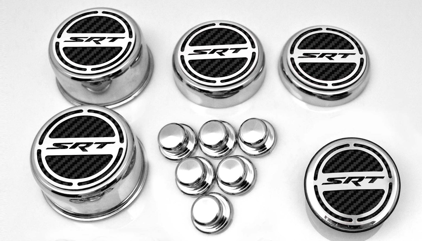 American Car Craft "SRT" Fluid & Shock Tower Cap Covers (11PC): Dodge Challenger V8 2008 - 2023
