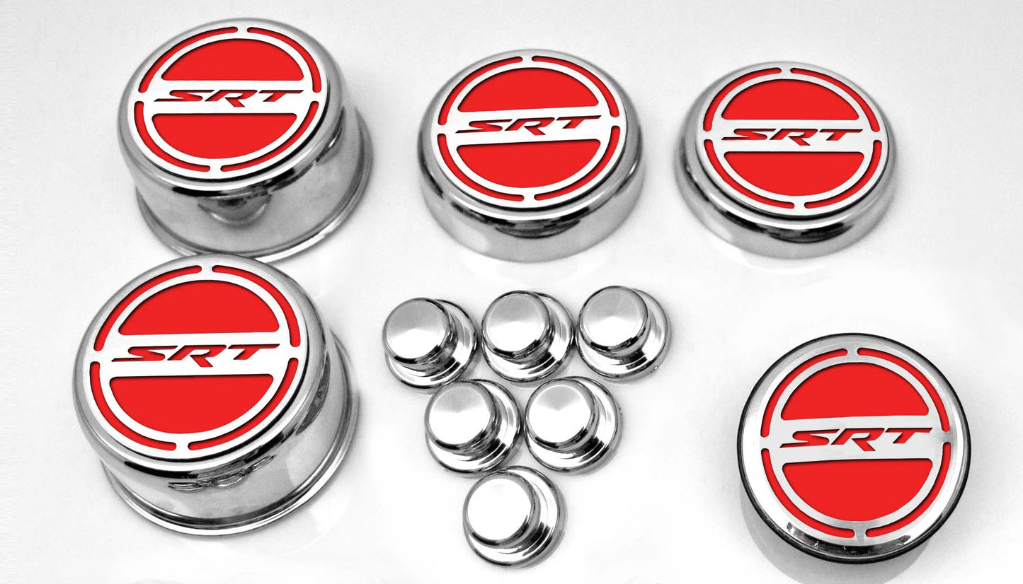 American Car Craft "SRT" Fluid & Shock Tower Cap Covers (11PC): Dodge Challenger V8 2008 - 2023