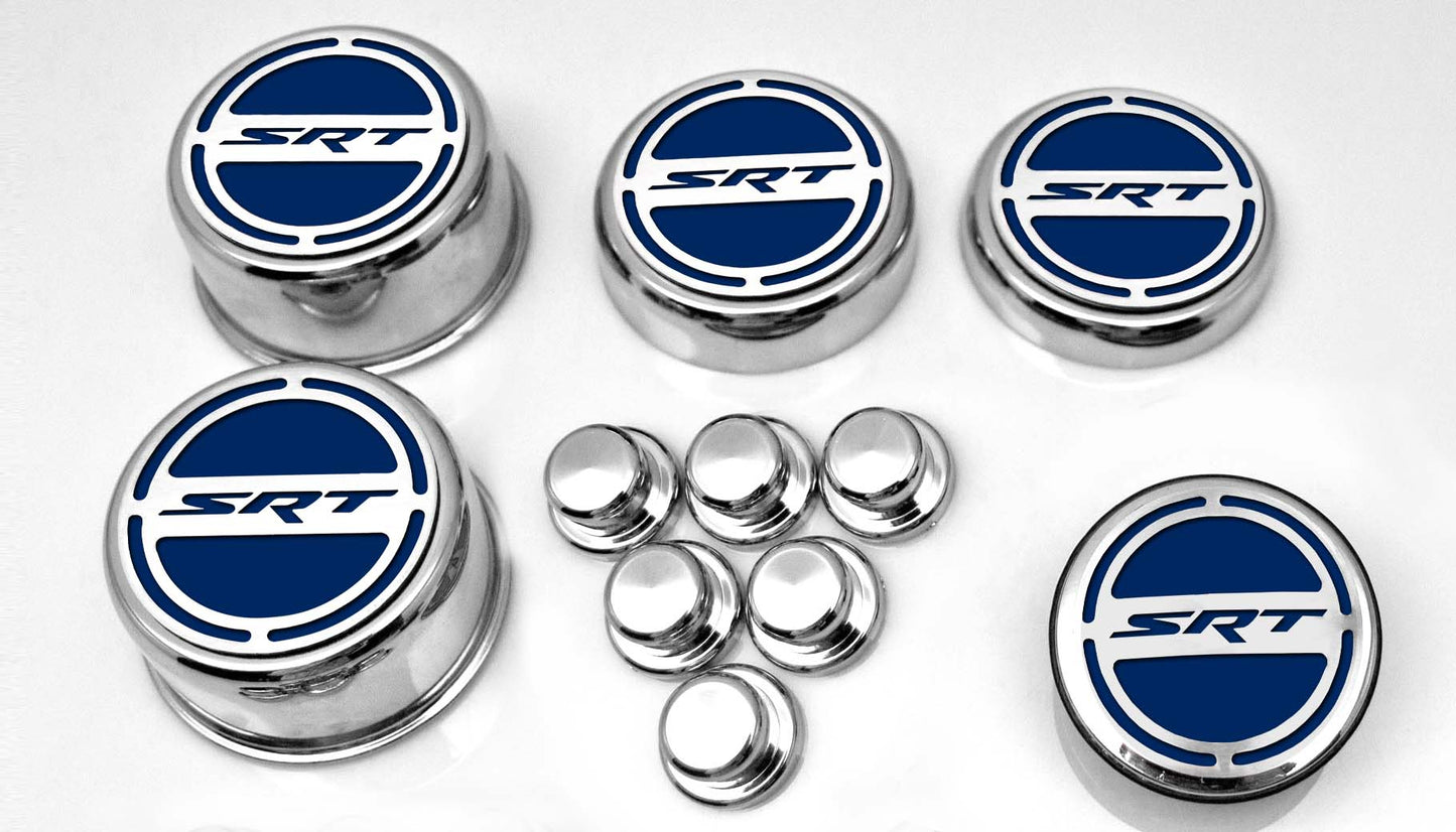 American Car Craft "SRT" Fluid & Shock Tower Cap Covers (11PC): Dodge Challenger V8 2008 - 2023