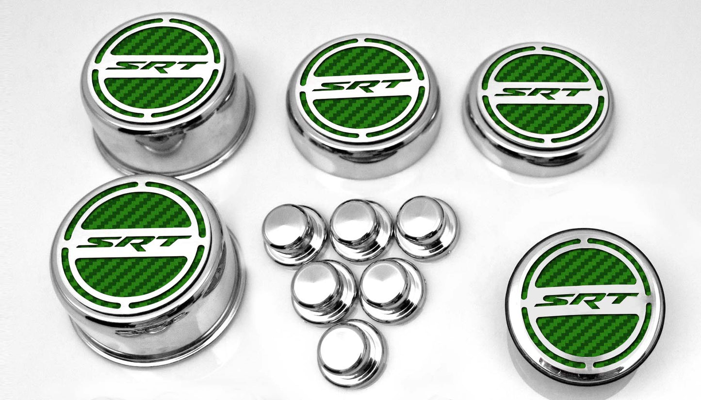 American Car Craft "SRT" Fluid & Shock Tower Cap Covers (11PC): Dodge Challenger V8 2008 - 2023