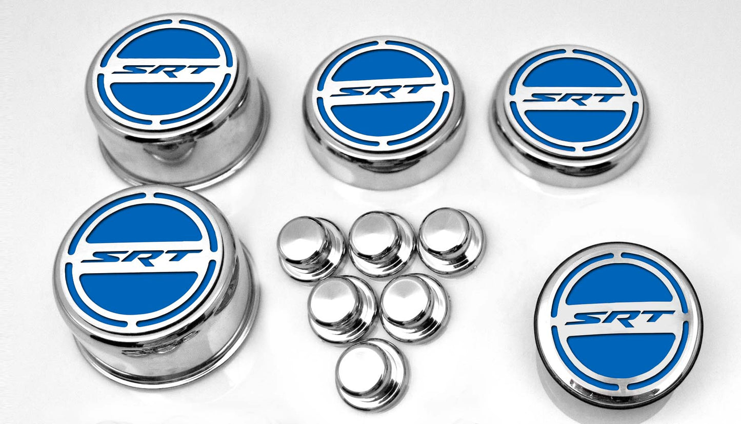 American Car Craft "SRT" Fluid & Shock Tower Cap Covers (11PC): Dodge Challenger V8 2008 - 2023