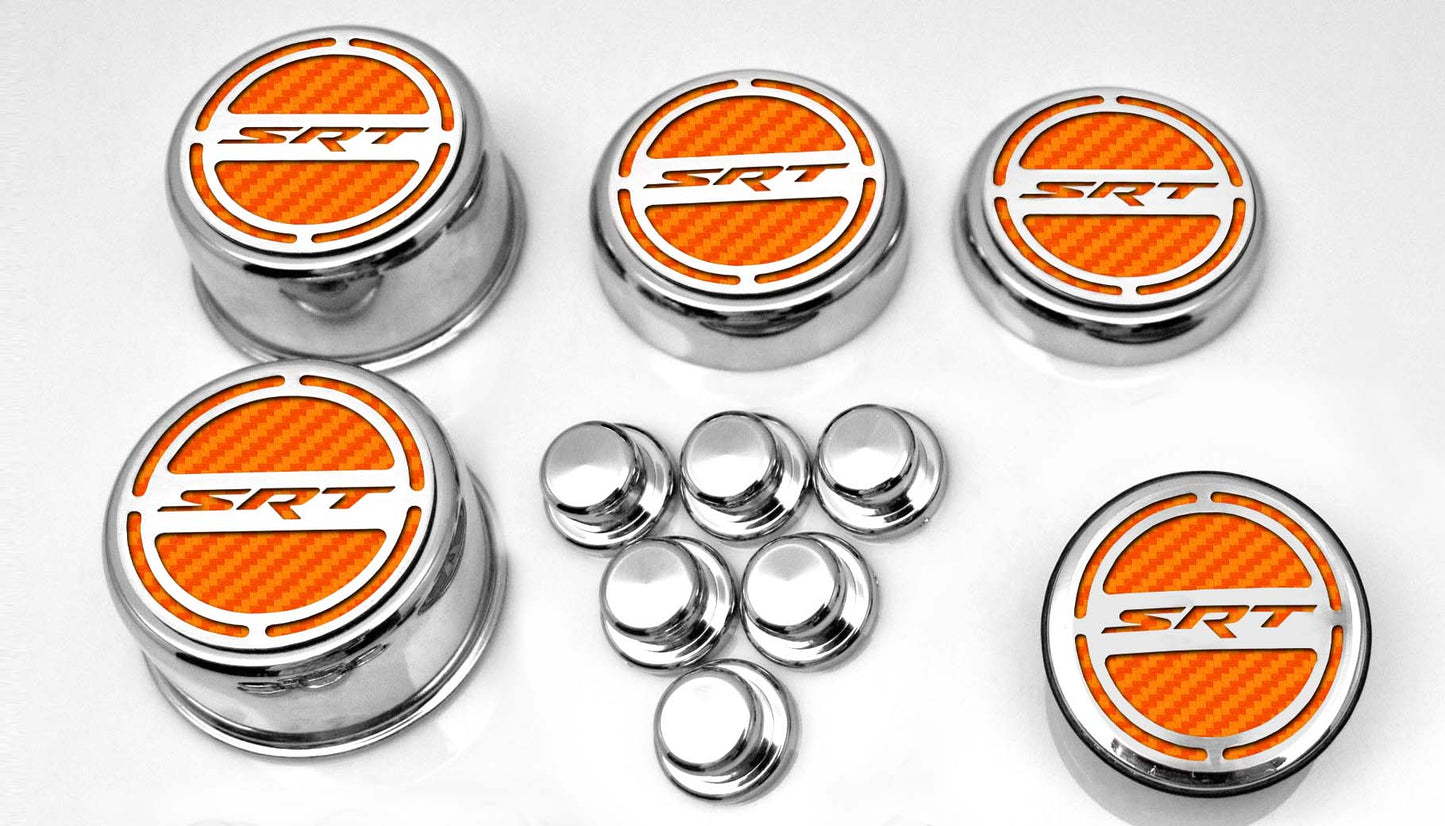 American Car Craft "SRT" Fluid & Shock Tower Cap Covers (11PC): Dodge Challenger V8 2008 - 2023