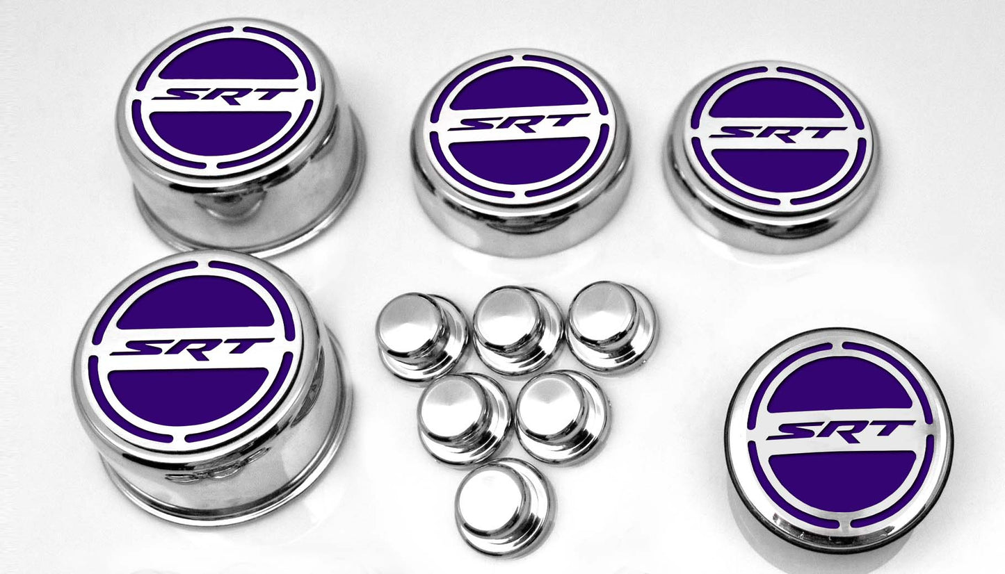 American Car Craft "SRT" Fluid & Shock Tower Cap Covers (11PC): Dodge Challenger V8 2008 - 2023