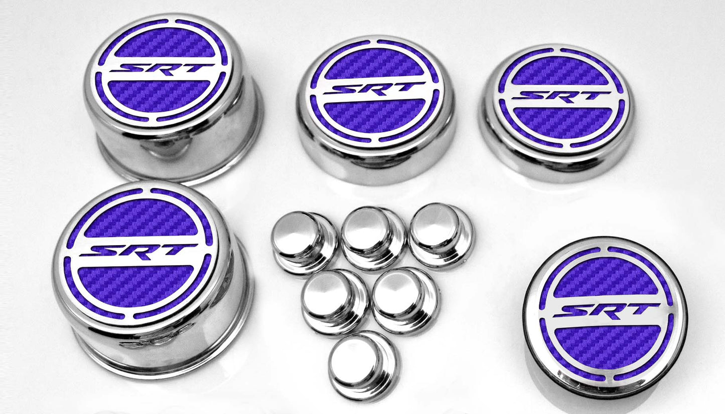 American Car Craft "SRT" Fluid & Shock Tower Cap Covers (11PC): Dodge Challenger V8 2008 - 2023