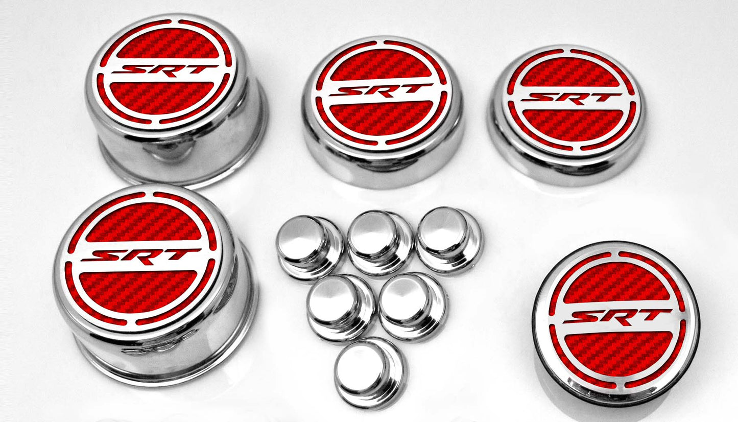 American Car Craft "SRT" Fluid & Shock Tower Cap Covers (11PC): Dodge Challenger V8 2008 - 2023