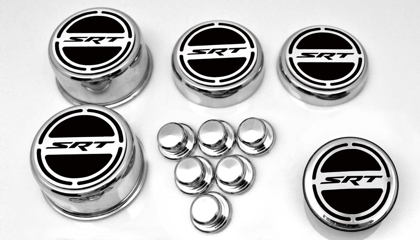 American Car Craft "SRT" Fluid & Shock Tower Cap Covers (11PC): Dodge Challenger V8 2008 - 2023