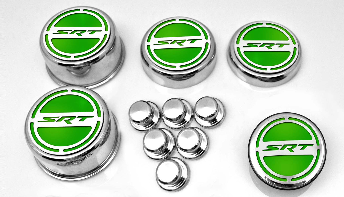 American Car Craft "SRT" Fluid & Shock Tower Cap Covers (11PC): Dodge Challenger V8 2008 - 2023