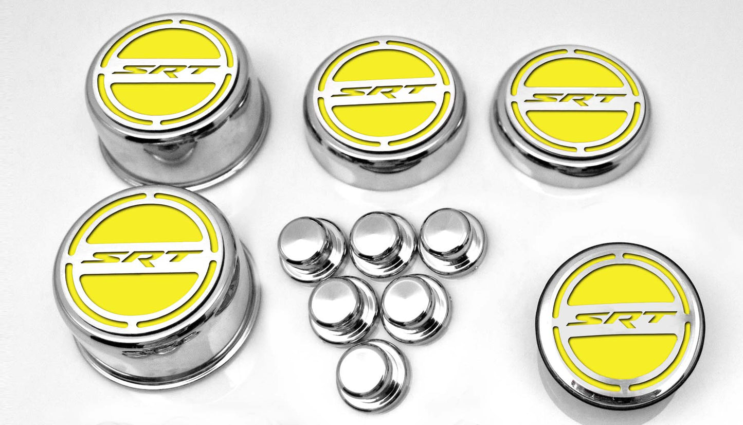 American Car Craft "SRT" Fluid & Shock Tower Cap Covers (11PC): Dodge Challenger V8 2008 - 2023