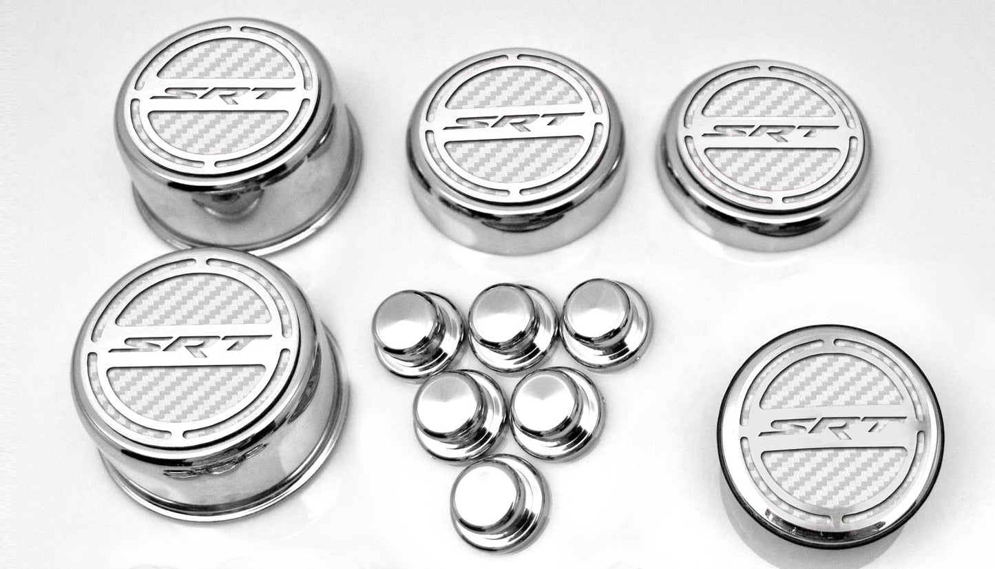 American Car Craft "SRT" Fluid & Shock Tower Cap Covers (11PC): Dodge Challenger V8 2008 - 2023