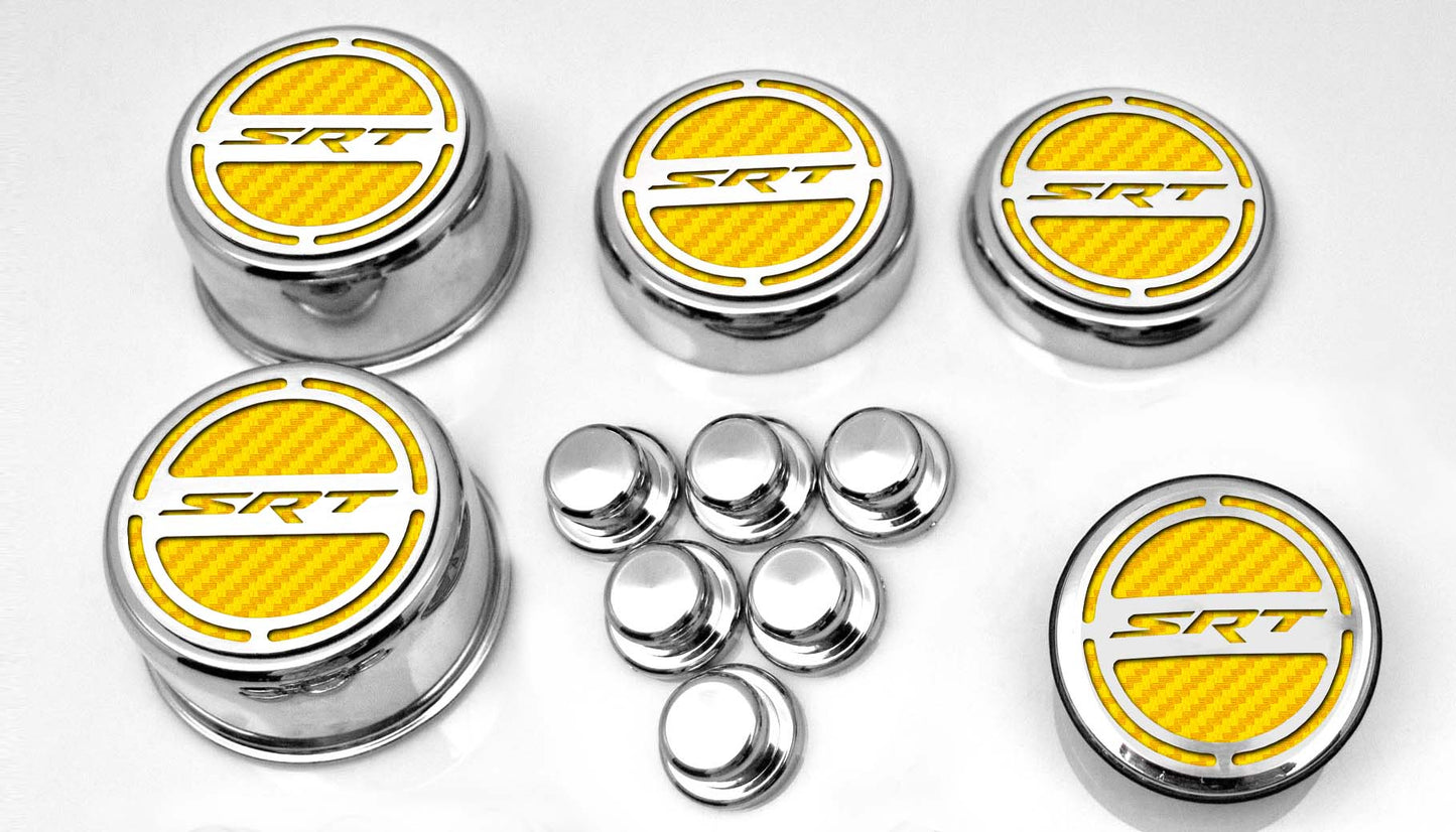 American Car Craft "SRT" Fluid & Shock Tower Cap Covers (11PC): Dodge Challenger V8 2008 - 2023