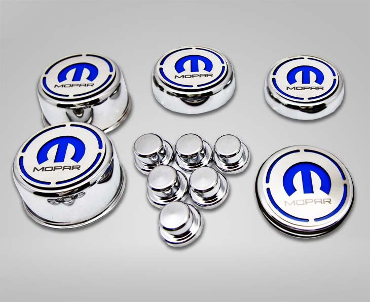 American Car Craft "MOPAR" Deluxe Fluid & Shock Tower Cap Covers (13PC): Dodge Challenger V8 2008 - 2023