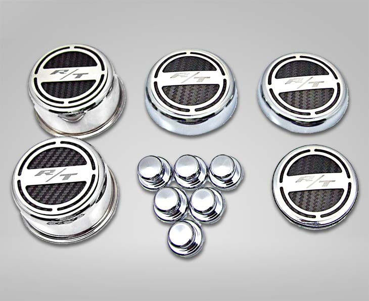 American Car Craft "R/T" Deluxe Fluid & Shock Tower Cap Covers (13PC): Dodge Challenger 5.7L Hemi 2009 - 2023