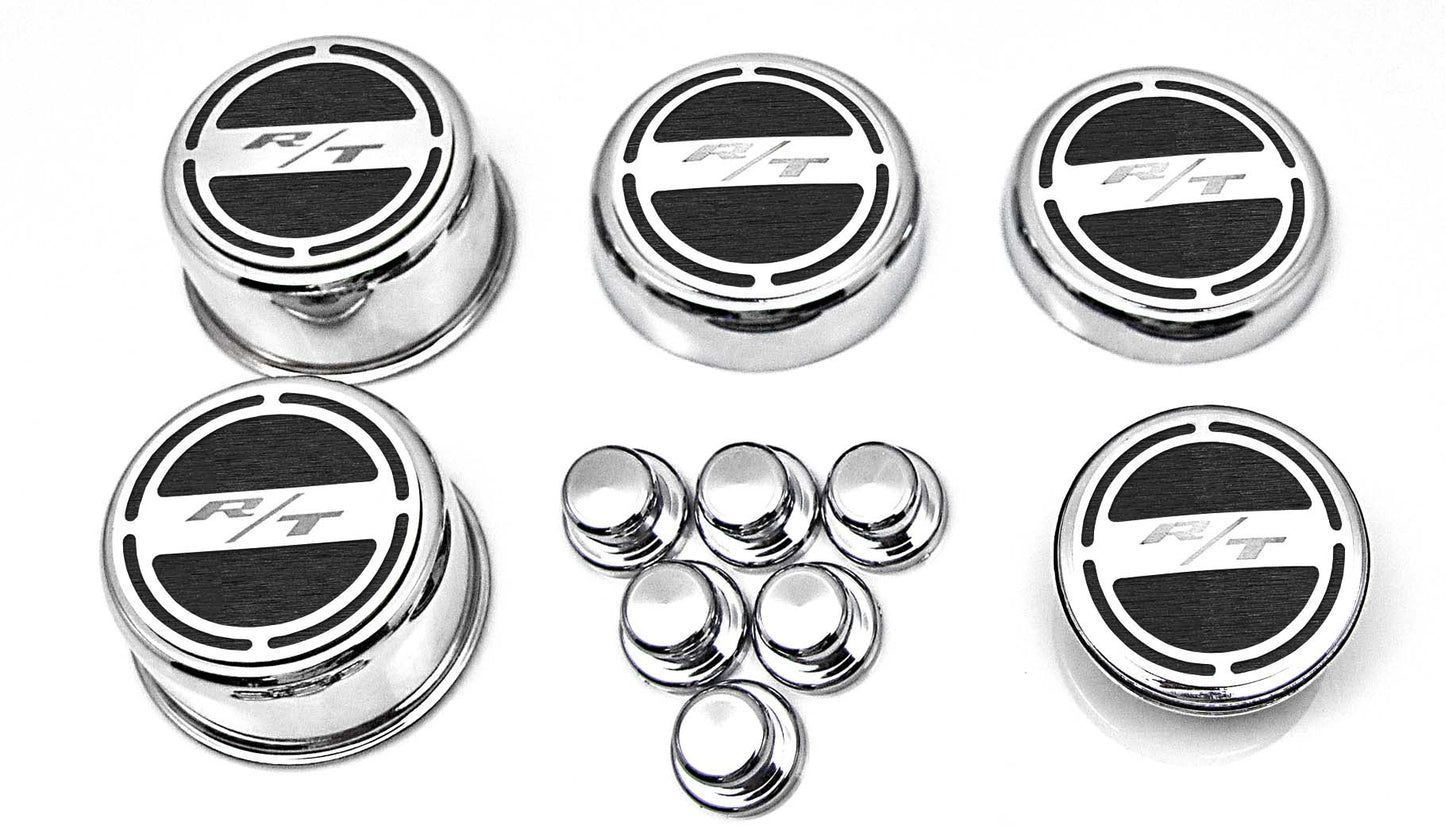 American Car Craft "R/T" Deluxe Fluid & Shock Tower Cap Covers (13PC): Dodge Challenger 5.7L Hemi 2009 - 2023