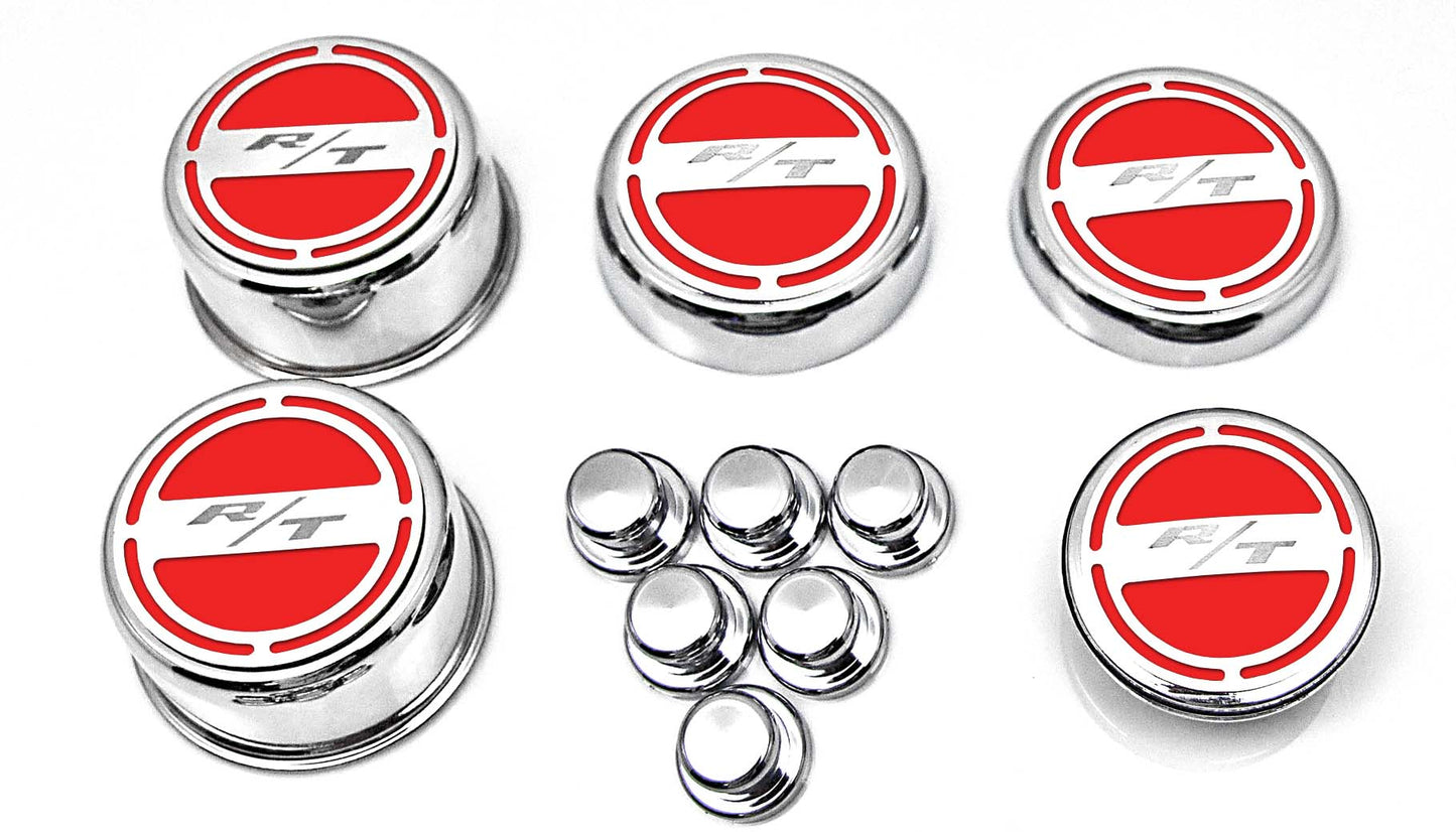 American Car Craft "R/T" Deluxe Fluid & Shock Tower Cap Covers (13PC): Dodge Challenger 5.7L Hemi 2009 - 2023