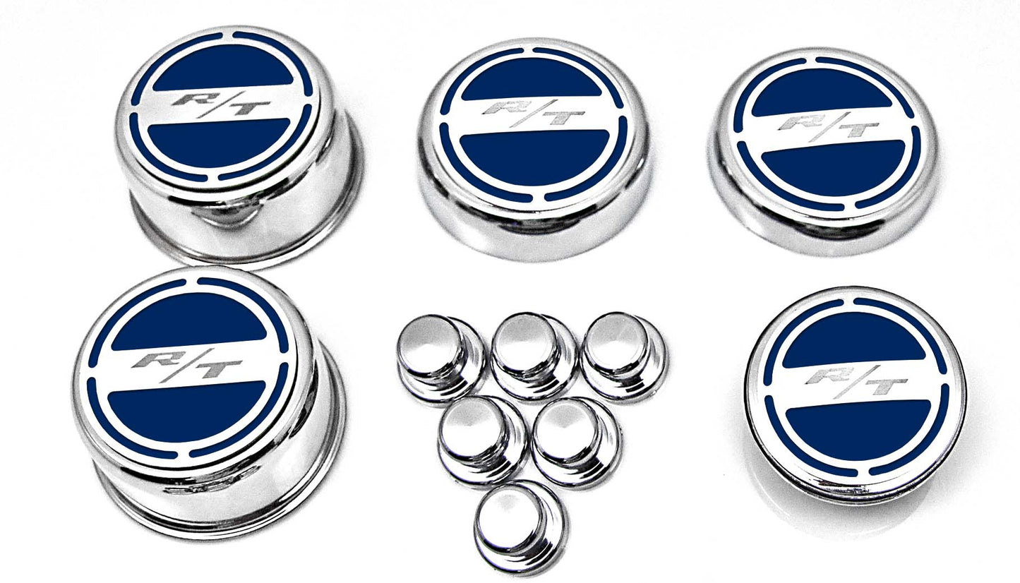 American Car Craft "R/T" Deluxe Fluid & Shock Tower Cap Covers (13PC): Dodge Challenger 5.7L Hemi 2009 - 2023