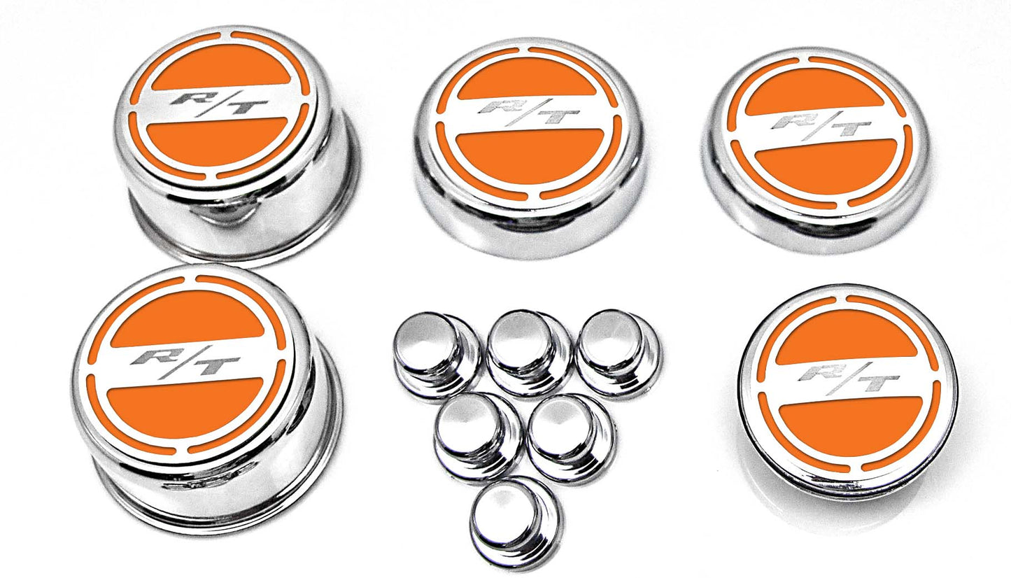 American Car Craft "R/T" Deluxe Fluid & Shock Tower Cap Covers (13PC): Dodge Challenger 5.7L Hemi 2009 - 2023