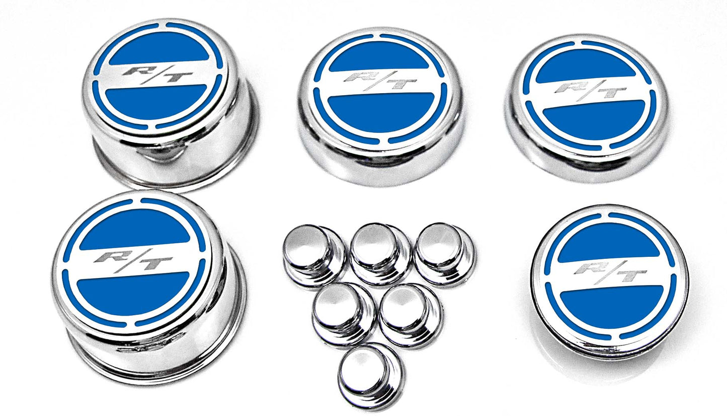 American Car Craft "R/T" Deluxe Fluid & Shock Tower Cap Covers (13PC): Dodge Challenger 5.7L Hemi 2009 - 2023