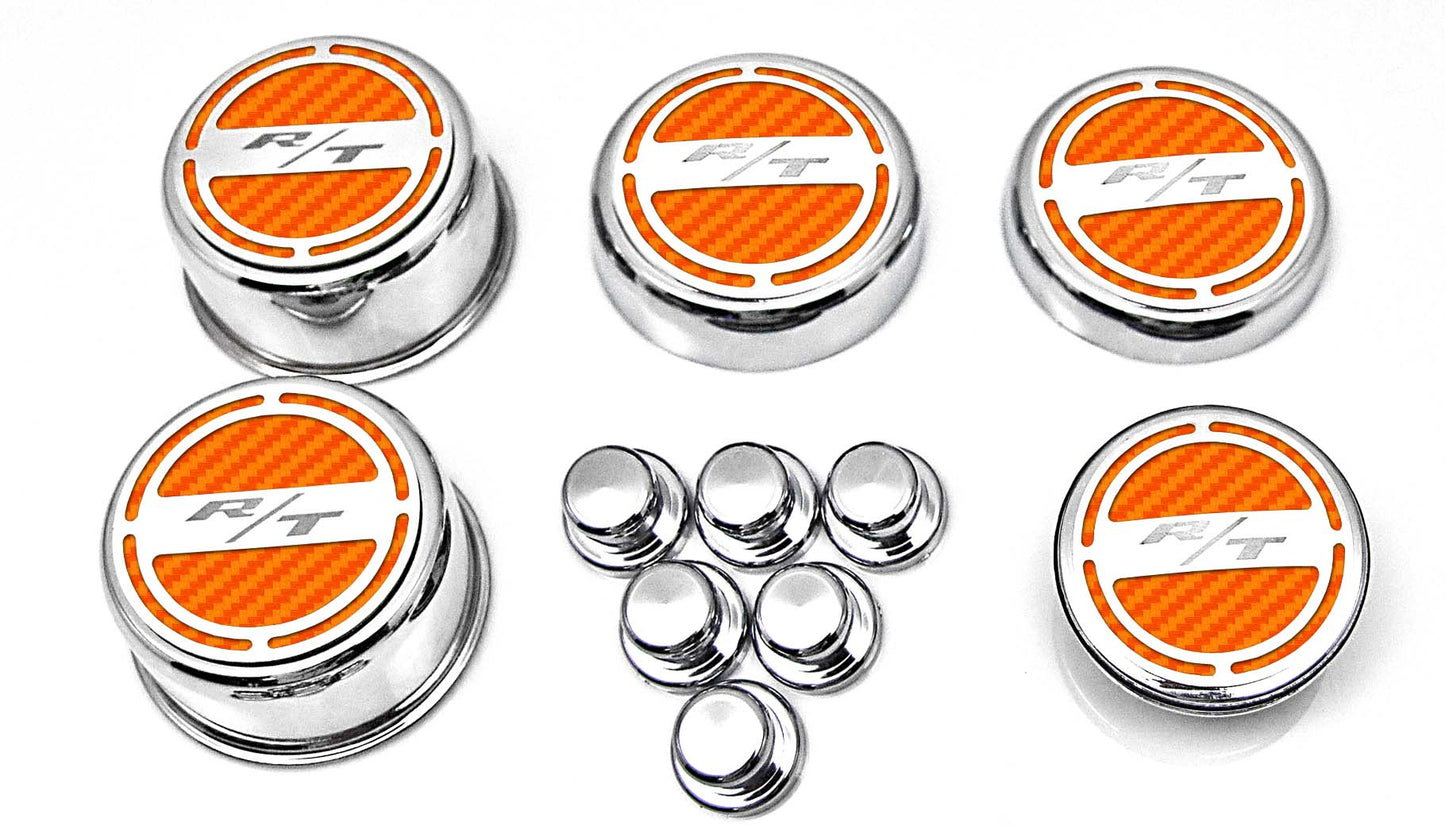 American Car Craft "R/T" Deluxe Fluid & Shock Tower Cap Covers (13PC): Dodge Challenger 5.7L Hemi 2009 - 2023