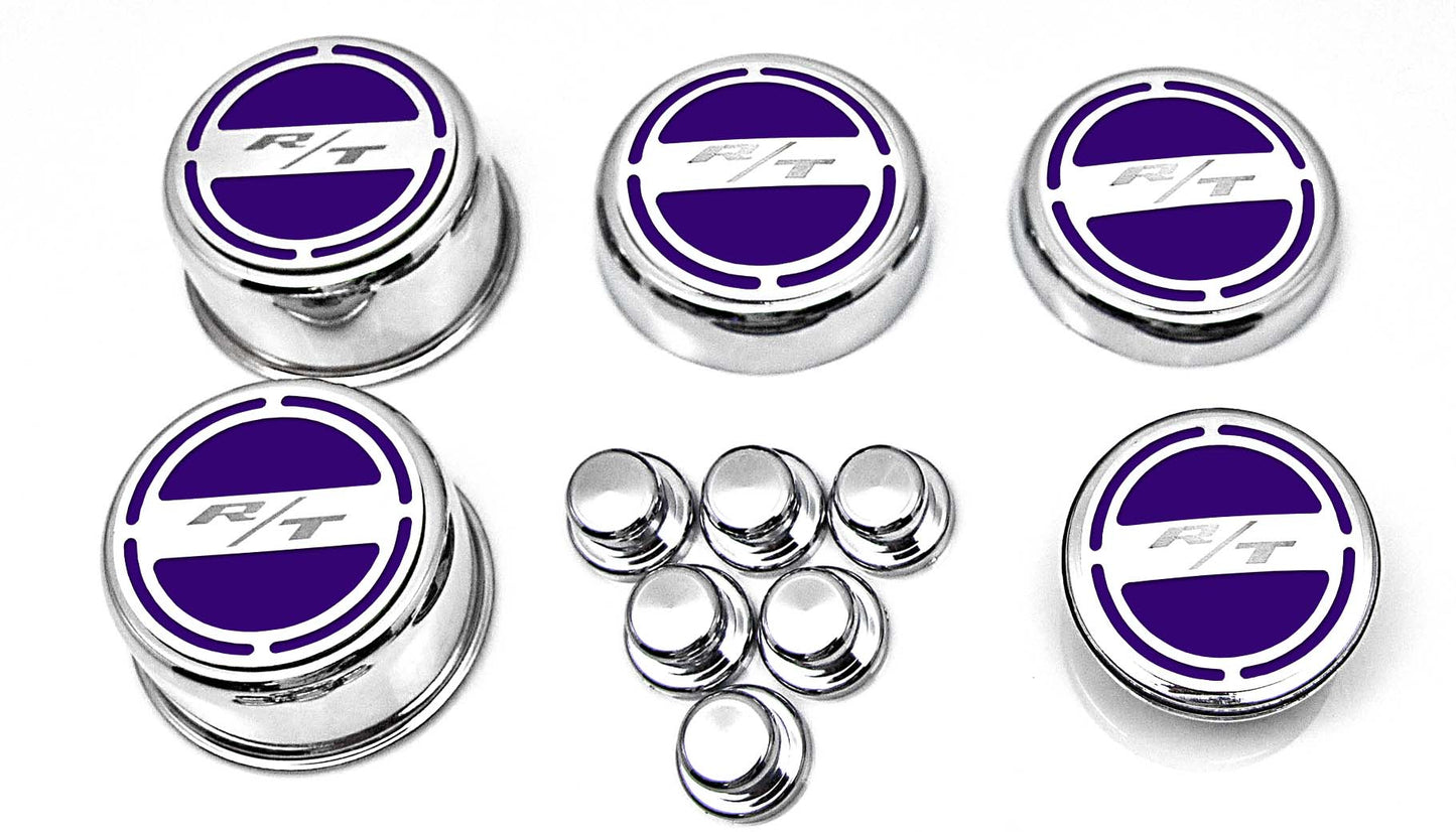 American Car Craft "R/T" Deluxe Fluid & Shock Tower Cap Covers (13PC): Dodge Challenger 5.7L Hemi 2009 - 2023