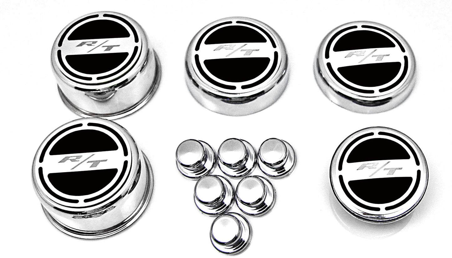 American Car Craft "R/T" Deluxe Fluid & Shock Tower Cap Covers (13PC): Dodge Challenger 5.7L Hemi 2009 - 2023