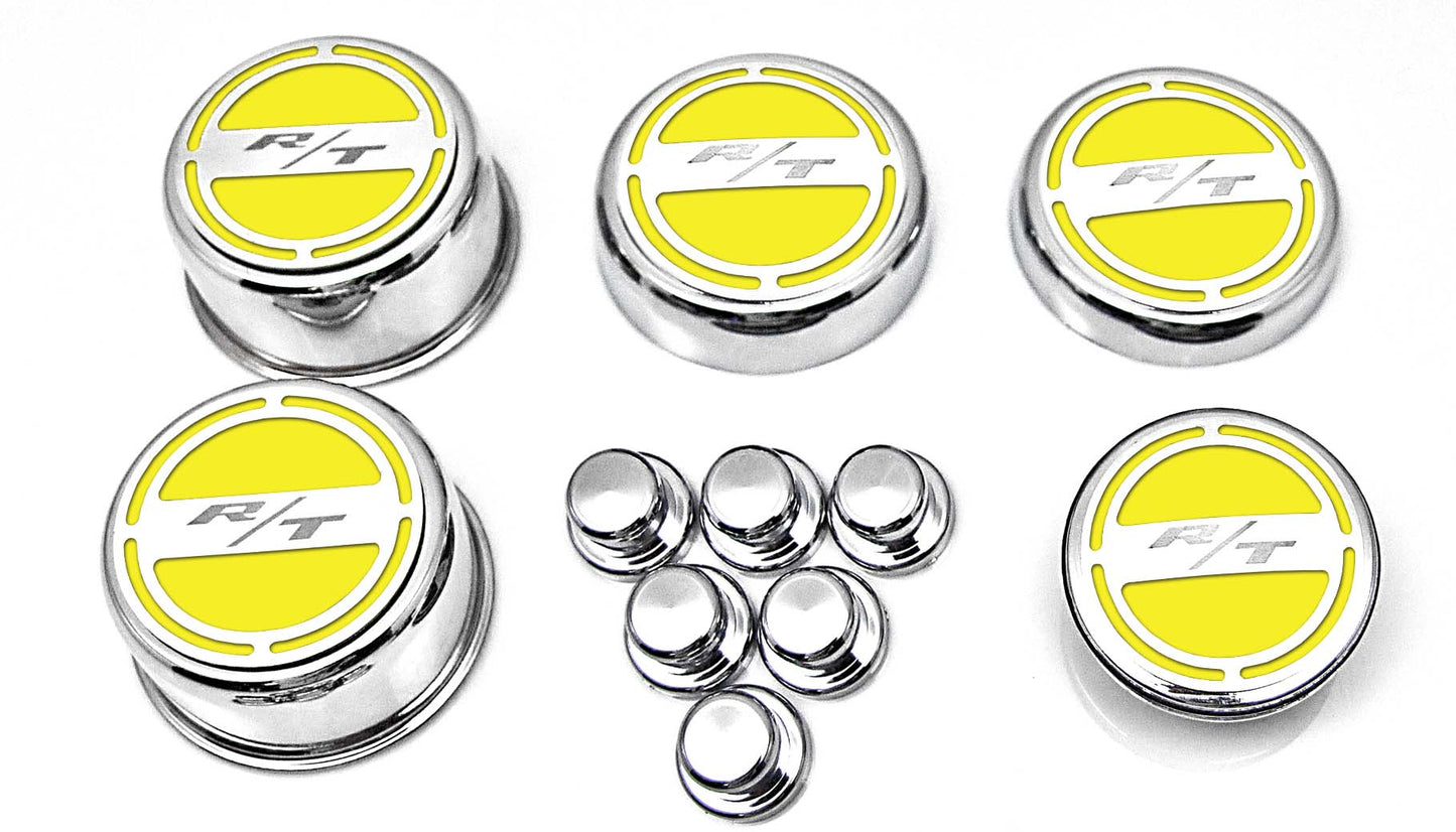 American Car Craft "R/T" Deluxe Fluid & Shock Tower Cap Covers (13PC): Dodge Challenger 5.7L Hemi 2009 - 2023