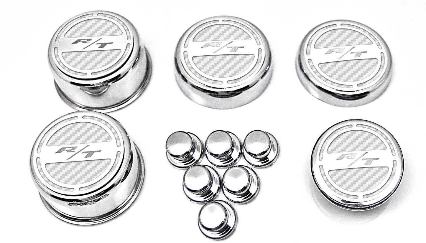 American Car Craft "R/T" Deluxe Fluid & Shock Tower Cap Covers (13PC): Dodge Challenger 5.7L Hemi 2009 - 2023