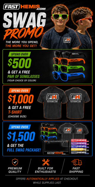 Promotional graphic for a swag promotion with sunglasses and t-shirts on a black background.